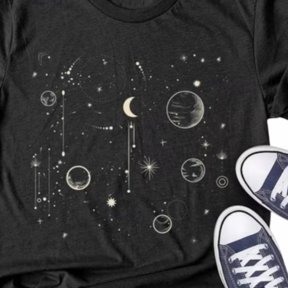 Black Graphic Tee with Celestial Design Moon Phases NWOT Small